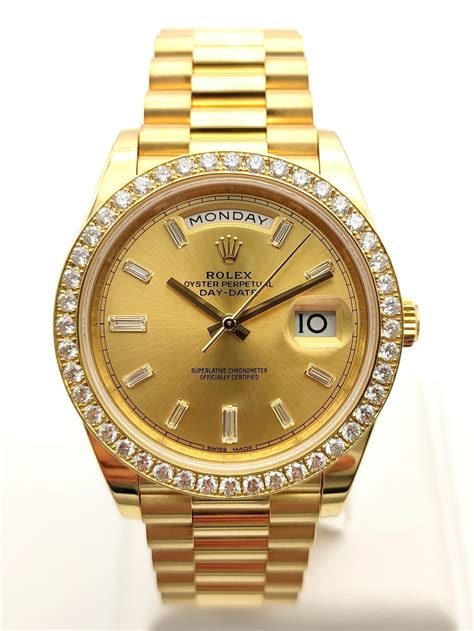 rolex day date baguette bezel|Rolex watch with diamond bezel.